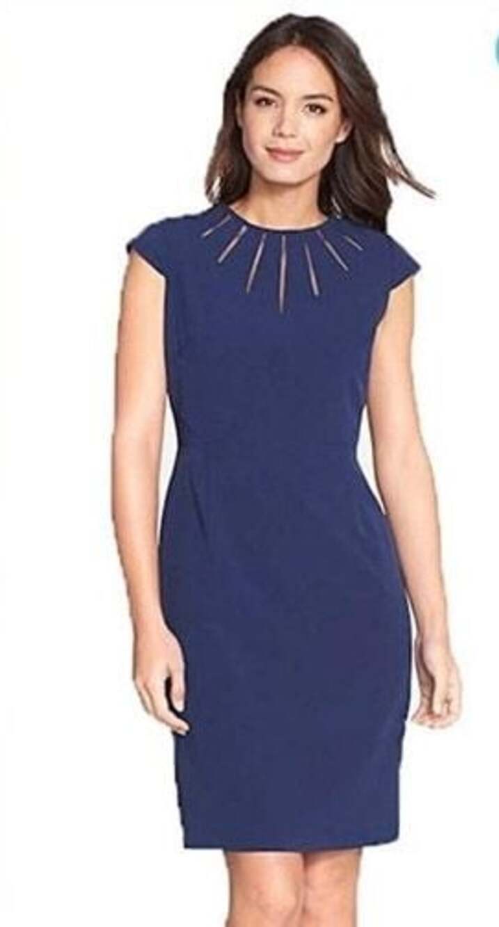 Adrianna Papell Women's Power Stretch Gathered Netting Yoke Dress Navy 14